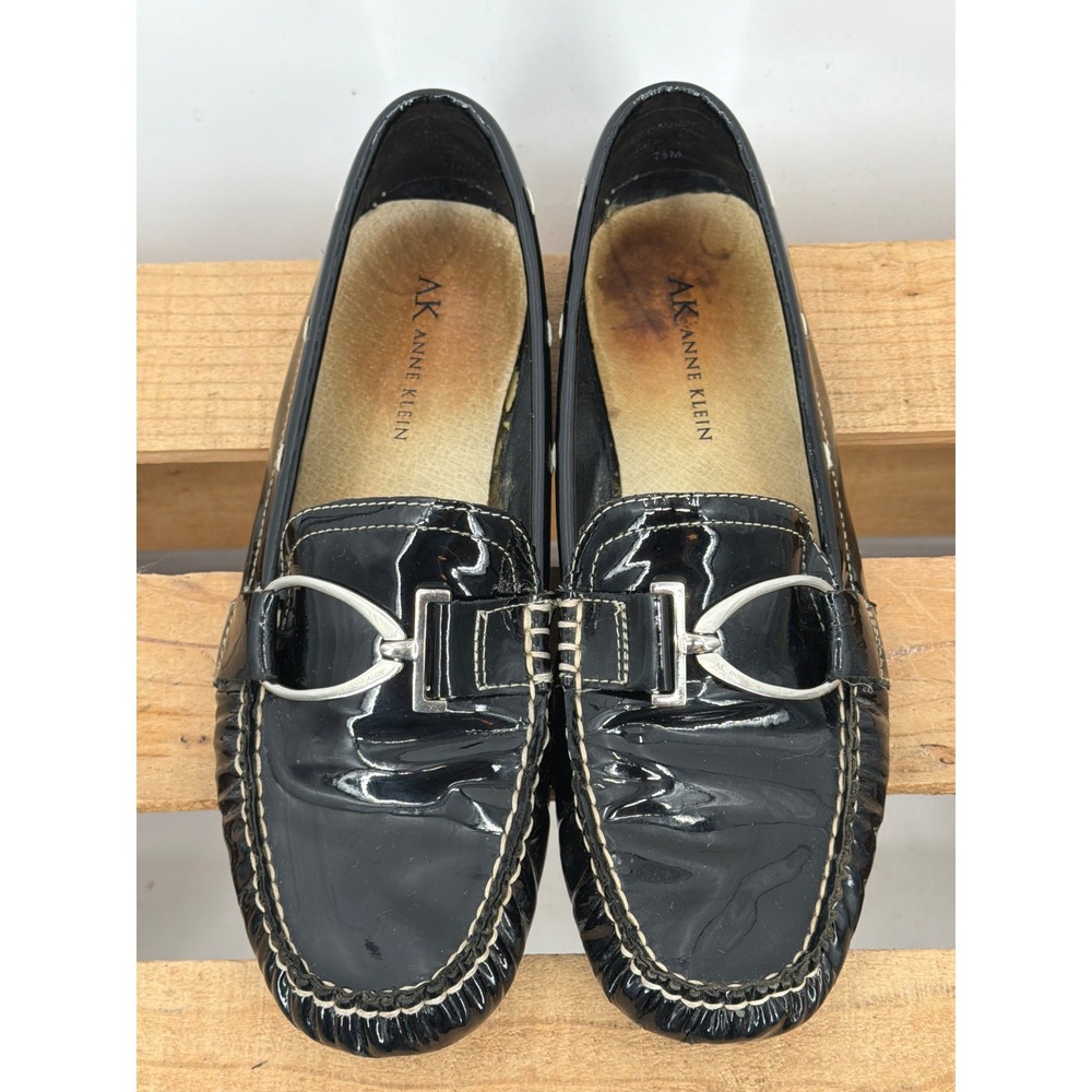 Anne‎ Klein AK Davis Black Patent Leather Driving Loafers Bit Detail 7.5M